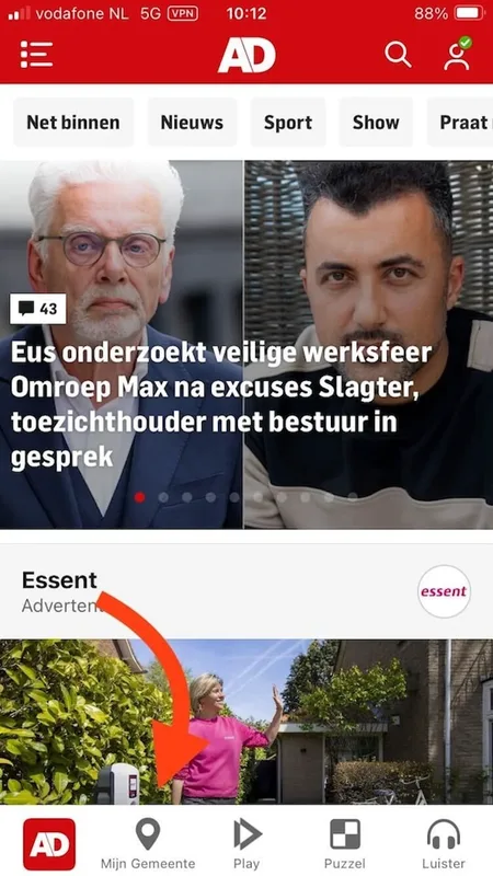 Startscherm van de AD-app met onderin de knop Mijn Gemeente