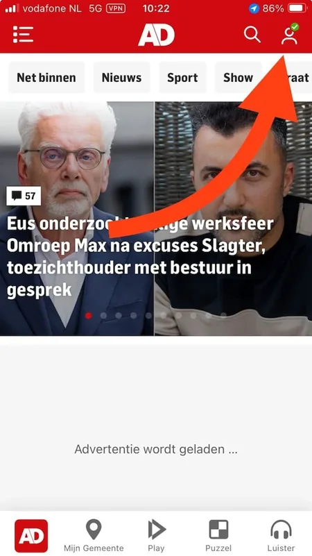 AD-app met een pijl naar het profielicoon rechtsboven