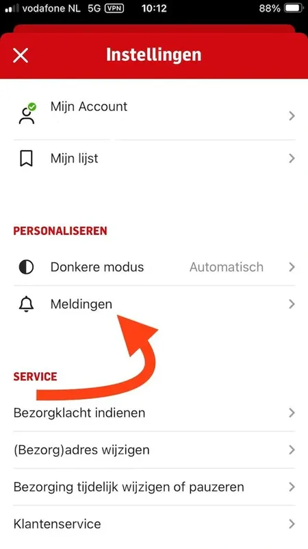 Instellingen in de AD-app met de optie Meldingen onder Personaliseren