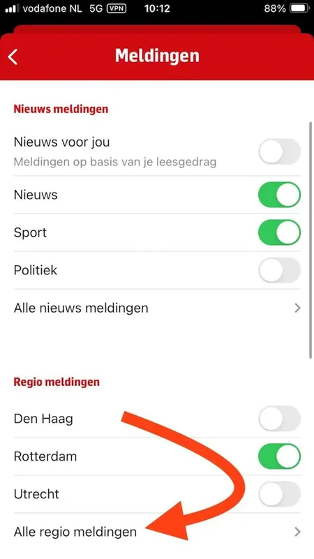 Meldingenscherm in de AD-app met het kopje Regio meldingen en de optie Alle regio meldingen